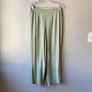 100% Silk Sage Green Wide Leg Trousers Elastic Waist Ankle